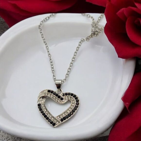 CZ Heart Necklace Double Layer Silver Black Zircon Open Pendant Sparkly Jewelry - Picture 4 of 7